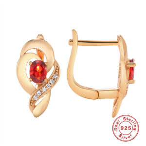 New S925 Sterling Silver Luxury Gold Crystal Earrings Women Red Zircon Bridal Wedding Fine Jewelry Earrings Gifts Boucle Oreille