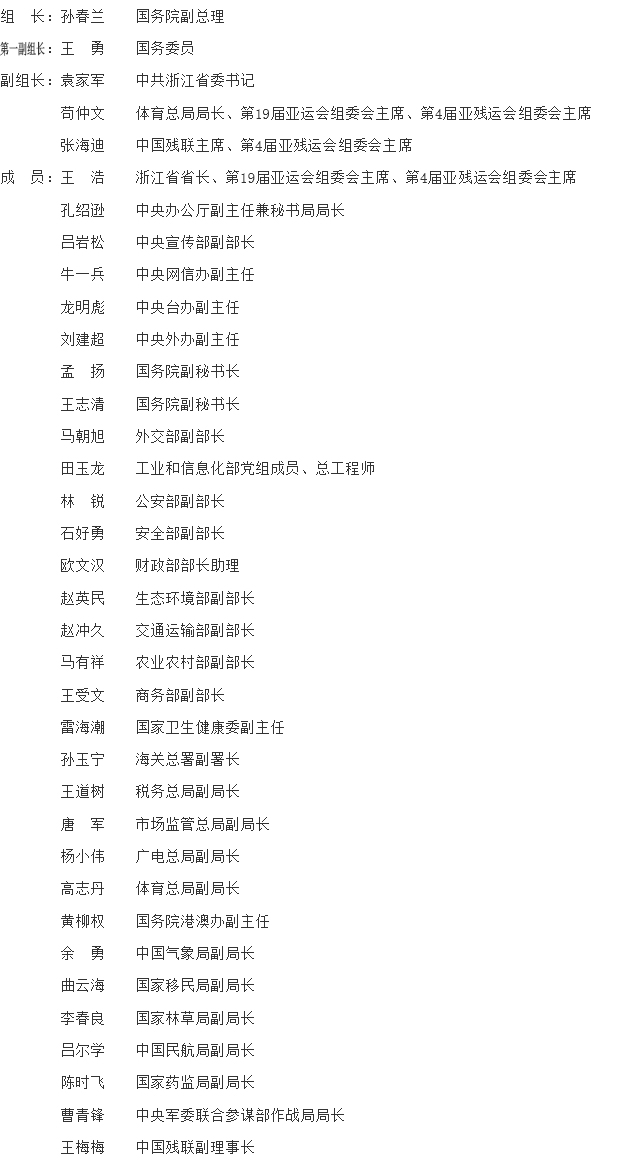 国务院办公厅关于成立第19届亚运会和第4届亚残运会工作领导小组的通知