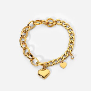 Stainless Steel Chunky Cuban Chain Bracelets Bangles With Sweet Zirconia Heart Charm 18K Gold Plated OT Buckle Fashion Jewelry