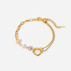 Stainless Steel Bead Chain Heart Charm Pearl Bracelet for Women Waterproof Jewelry 18K Gold Plated Colorful Pearl Bracelets Gifts