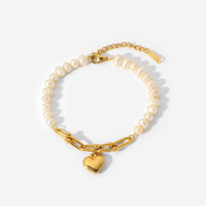 New Women Stainless Steel Pearl Beaded Bracelet Elegant Jewelry Horseshoe Chain Bangle 18k Gold PVD Plated Heart Charm Bracelets