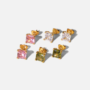 Female Stainless Steel Fashion Earrings Three-Colors Inlaid Square Zircon Earrings For Women Temperament Wedding Party Jewelry