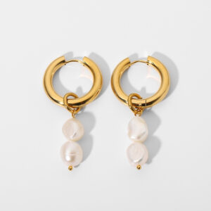 2022 New Arrival High Quality 18k Gold Plated Stainless Steel Women Waterproof Double Freshwater Pearl Pendant Huggie Earrings