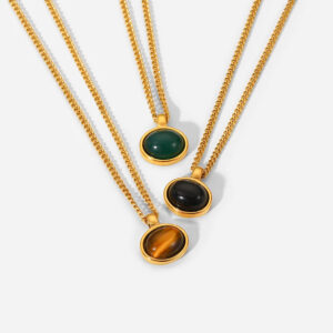 New Trendy 18K Gold PVD Plated Stainless Steel Natural Tiger Eye Stone Jewelry Oval Pendant Natural Agate Necklaces for Women