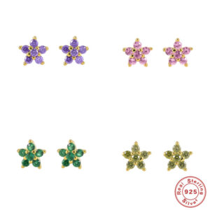 New 925 Sterling Silver Purple Green Petals Color Zircon Snowflake Stud Earrings For Women Piercing Pendientes 2022 Fine Jewelry