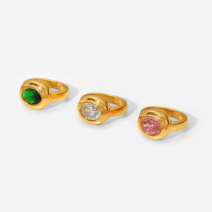 Fashion Luxury Minimalist 18K PVD Gold Plated Zircon Finger Rings Stainless Steel Jewelry Engagement Paved Oval CZ Zircon Ring