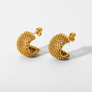 New 18K Plated Gold Fashion Jewelry Earrings Textured C Shape Rhombus Hollow Out Hoops Women Mesh Stainless Steel Hoop Earrings