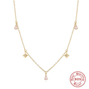 S925 Sterling Silver Pink Water Droplets Chain Necklace For Women Small Star Charms Choker Necklaces Vintage Fine Jewelry collar