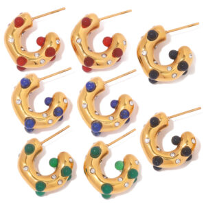 2023 Fashion High Quality Retro Gold Plated Stainless Steel Natural Stone Jewelry Cubic Zirconia CC Shaped Hoop Earrings Women