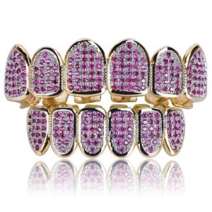 High Quality Hip Hop Teeth Grillz Micro Pave Fuchsia CZ Top Bottom Grillz Set Vampire Teeth Mouth Bling Iced Out Jewelry Party