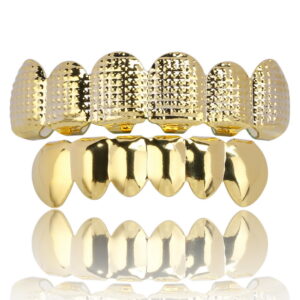 Bling Bling Gold Plated Hip Hop Ice Out Grills Teeth Grillz For Teeth Top Bottom Set Men Women Vampire Teeth Grillz Best Jewelry