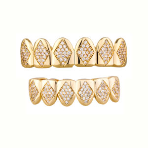 Iced Out Hip Hop Square Design Teeth Grillz Set Unisex Top Bottom Mouth Grillz Teeth Grills Bling Bling Shiny CZ Fashion Jewelry