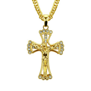 Newest Fancy Hip Hop Alloy Crystal Hollow Crucifix Religious Necklace Gold Plated Christian Jesus Cross Pendant Necklace Jewelry