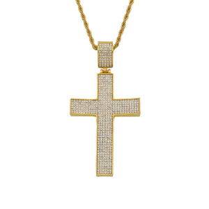 New Hip Hop Cross Pendant Necklace Icy Bling Gold Plated Rhinestone Cross Pendant Stainless Steel Cross Pendant Necklace Jewelry