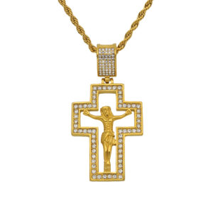 Iced Stainless Steel Gold Plated Crystal Rhinestone Jesus Hollowed Out Crucifix Christian Jesus Cross Pendant Necklace Jewelry