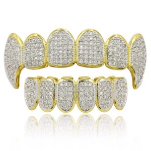 HipHop Dental Grills Teeth Grillz Brass Gold Plated Halloween Gift Tooth Grillz Micro Pave CZ Top Bottom Mouth Teeth Grills Sets