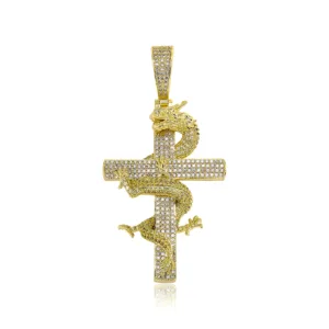 Fashion Iced Out Chinese Dragon Style Cross Pendant Necklaces Bling Brass Gold Plated Personality Necklace Male Hip Hop Jewelry