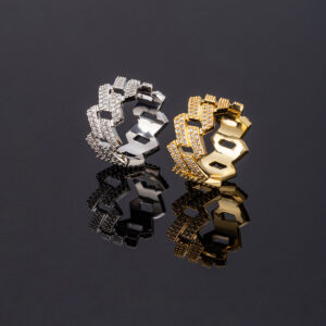 Luxury Hip Hop Brass Gold Plated Round Cuban Link Chain Design Finger Ring Iced Out Double Rows Full Cubic Zirconia Ring Jewelry
