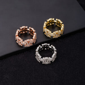 Luxury Trendy Brass Rose Gold Plated Shiny Iced Out CZ Hollowed Rings Jewelry Hip Hop Fashion Full Cubic Zircon Engagement Rings