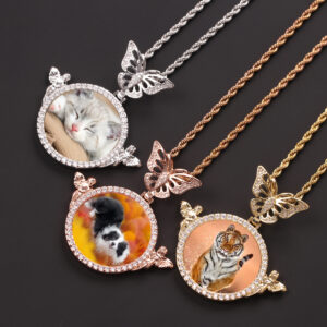 HipHop Butterfly Hook Photo Frame Brass gold plating Iced Out Zircon Double Little Angels Circle Memory Picture Pendant Necklace