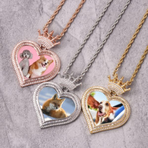 New Iced Out Creative Crown Hook Love Heart Photo Pendant Shiny Zircon Frame Picture Pendant Necklaces Memory Medallions Jewelry