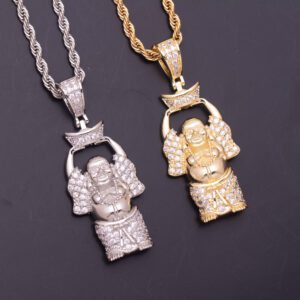 HipHop Fashion Luxury Trendy Brass Gold Plated Iced Out CZ Zircon Maitreya Buddha Pendant Necklace Jewelry Bling Yuanbao Pendant