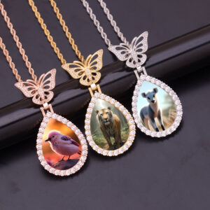 Hip Hop Iced Out Cubic Zircon Memory Medallions Butterfly Hook Water Drop Pendant Couple CZ Photo Frame Picture Necklace Jewelry