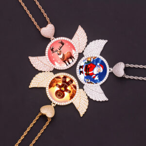 DIY Custom Iced Out Heart Hook Wing Circle Picture Frame Pendant Hip Hop Cubic Zirconia Photo Memory Medallions Necklace Jewelry