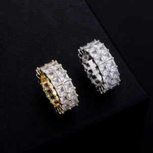 Wholesale Vintage Chic Dazzling Iced Out CZ Fashion Brass Gold Plated Jewelry Striking 2Row Square Baguette Zircon Eternity Ring